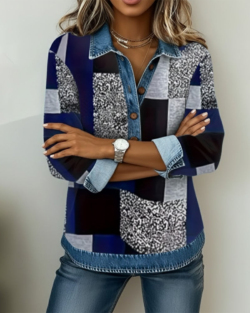 Sweat-Shirt Jean Patchwork Imprimé Décontracté