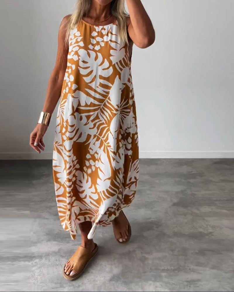 Robe décontractée sans manches à imprimé feuilles