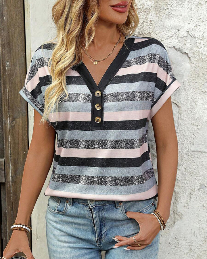 T-Shirt Col En V Trois Boutons Rayé