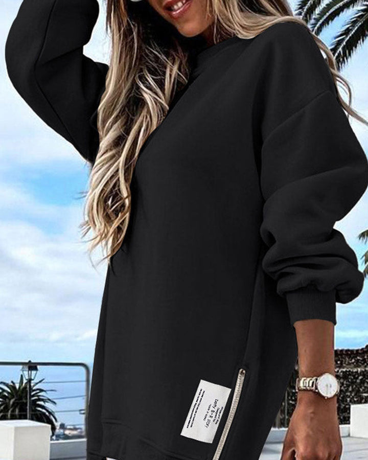 Robe Décontractée En Sweat À Manches Longues Avec Fermeture Éclair Et Fente