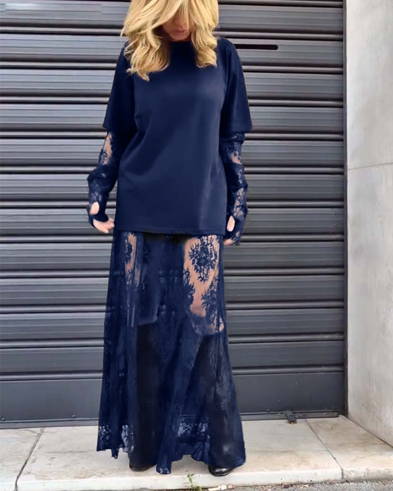 Ensemble deux pièces - T-shirt uni et jupe en dentelle