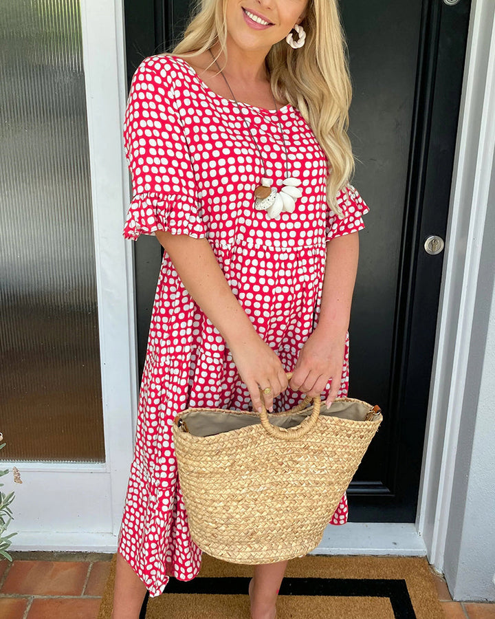 Robe midi col rond imprimé à pois