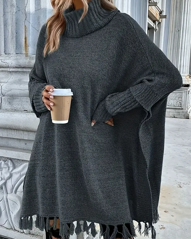Pull À Col Roulé Avec Manches Chauve-Souris Et Franges