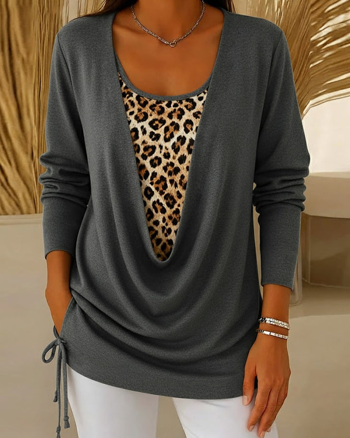 T-shirt faux deux pièces à lacets imprimé léopard