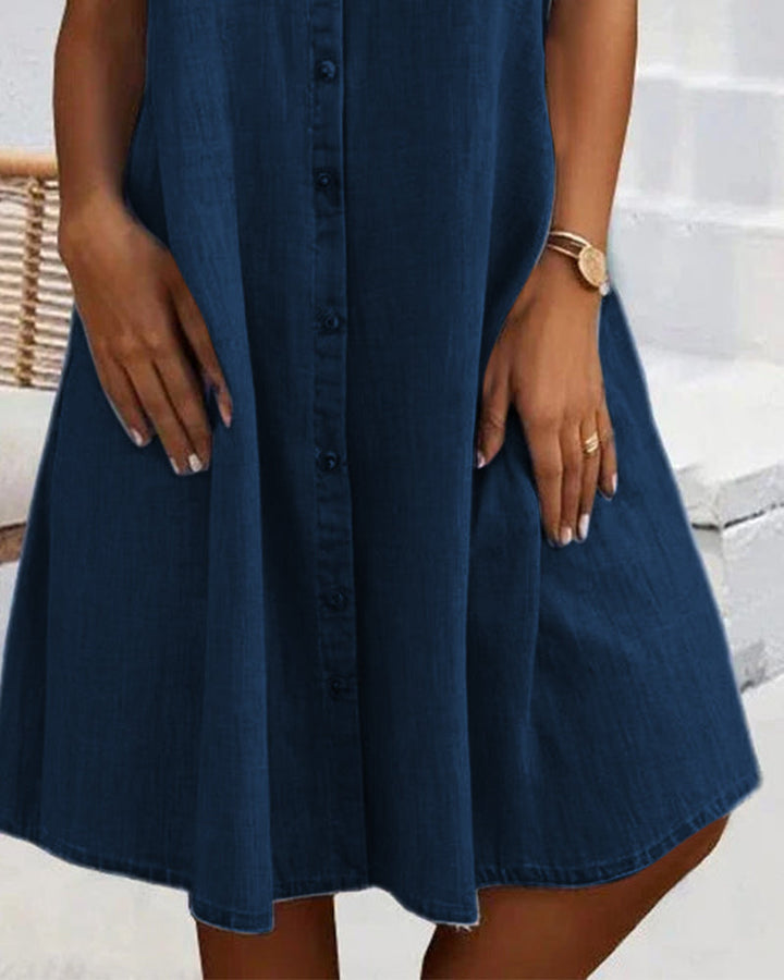 Robe Manches Courtes Col Solide Bouton