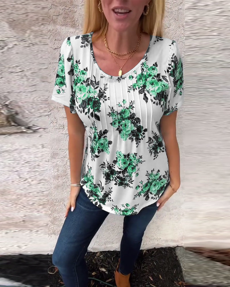 T-Shirt À Col Rond Imprimé Floral Plissé