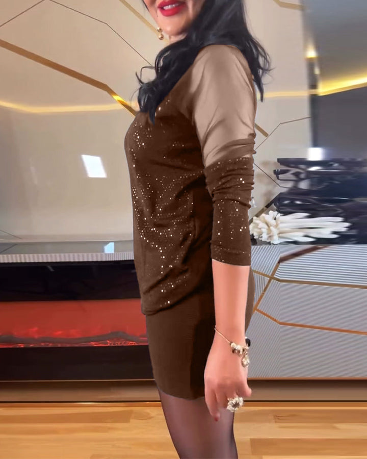 Top sexy col V en maille et sequins couleur unie