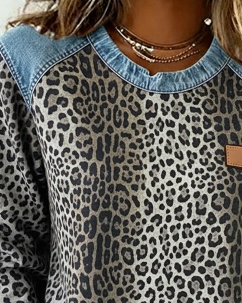 Sweat Imprimé Léopard Denim Patchwork