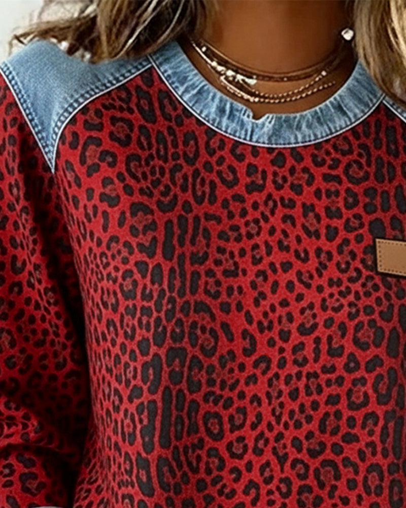 Sweat Imprimé Léopard Denim Patchwork