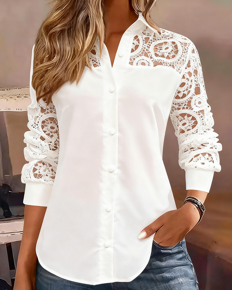 Blouse Couleur Unie Revers Dentelle Patchwork
