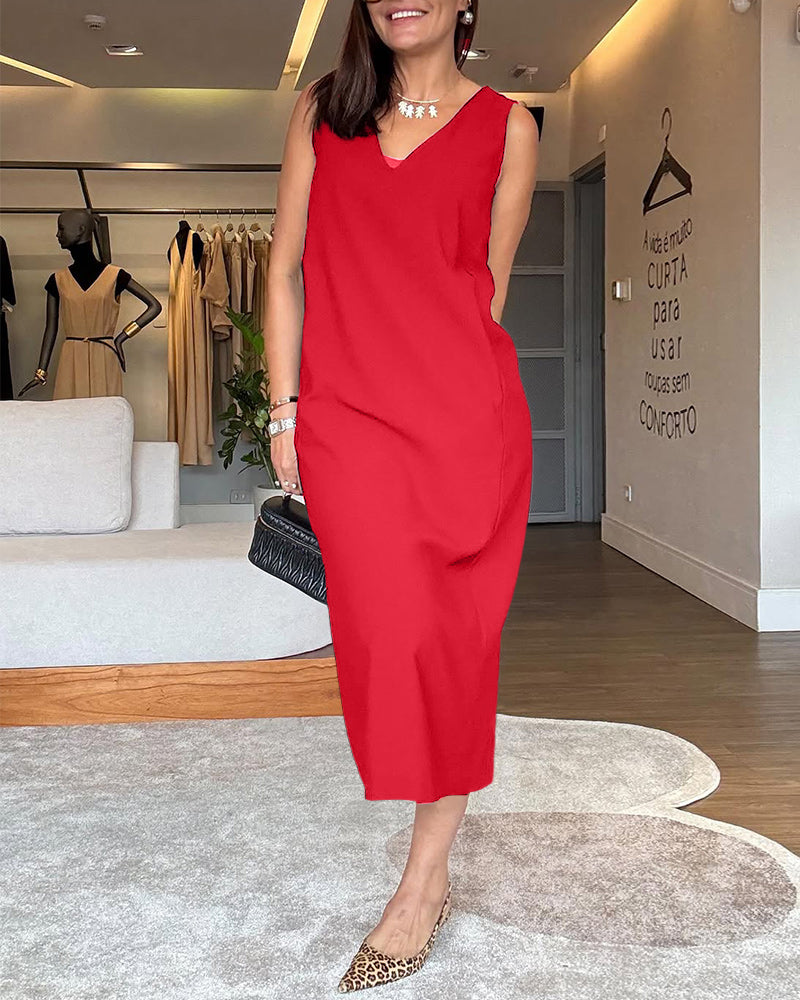 robe décontractée col en V sans manches couleur unie fendue