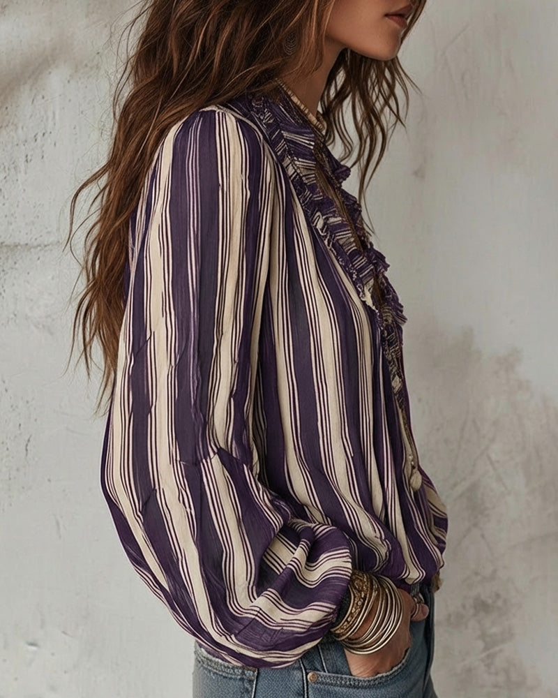 Blouse Profond Col V Rayures Verticales Loose