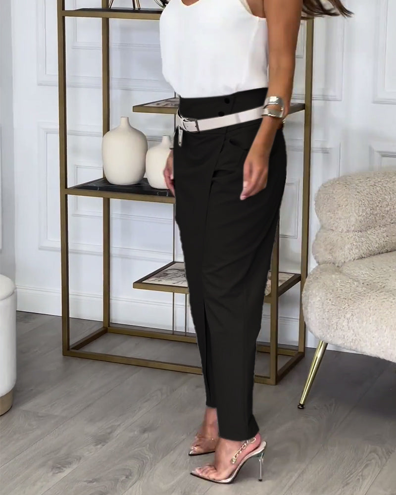Pantalon patchwork irrégulier à poches de couleur unie à la mode