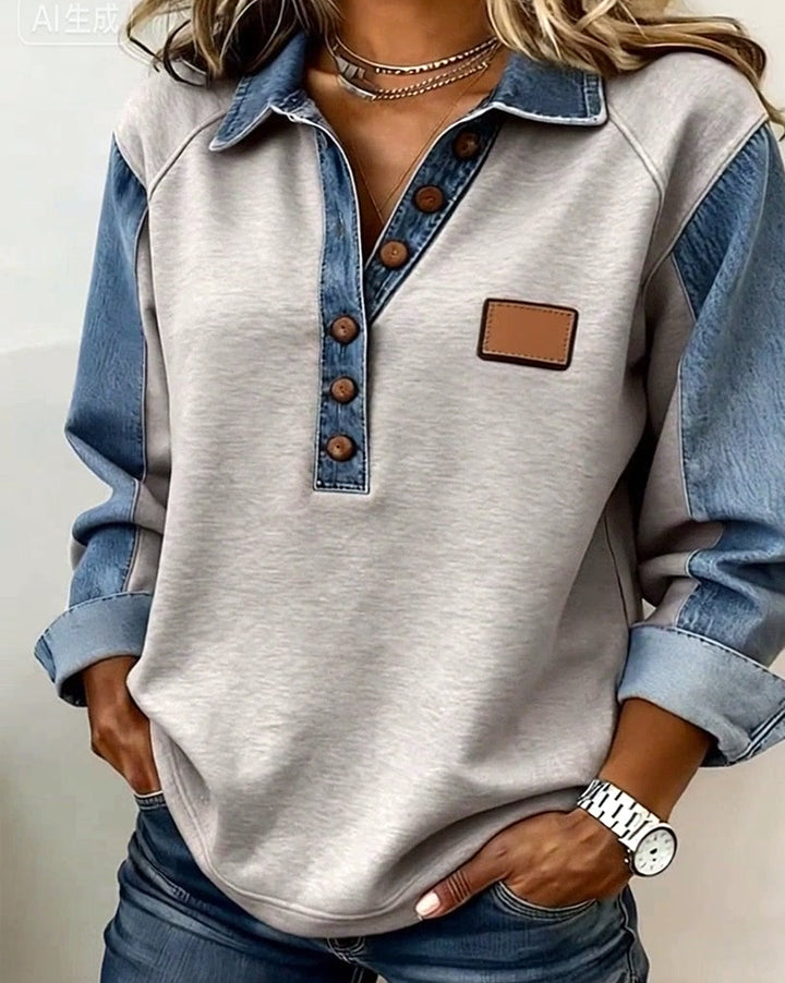 Sweat-shirt élégant en patchwork de denim à manches longues