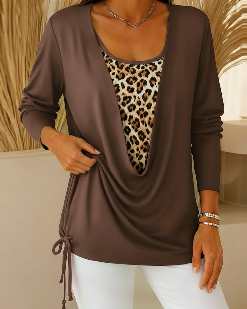 T-shirt faux deux pièces à lacets imprimé léopard