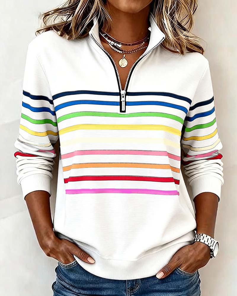 Sweat À Col Zippé À Moitié Avec Rayures Arc-En-Ciel Tendance