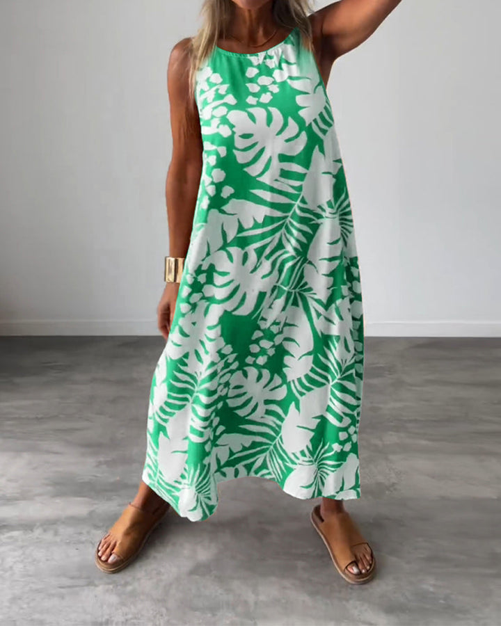 Robe décontractée sans manches à imprimé feuilles