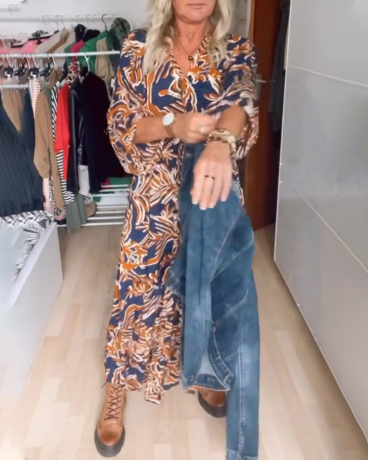 Robe longue imprimée à col en V