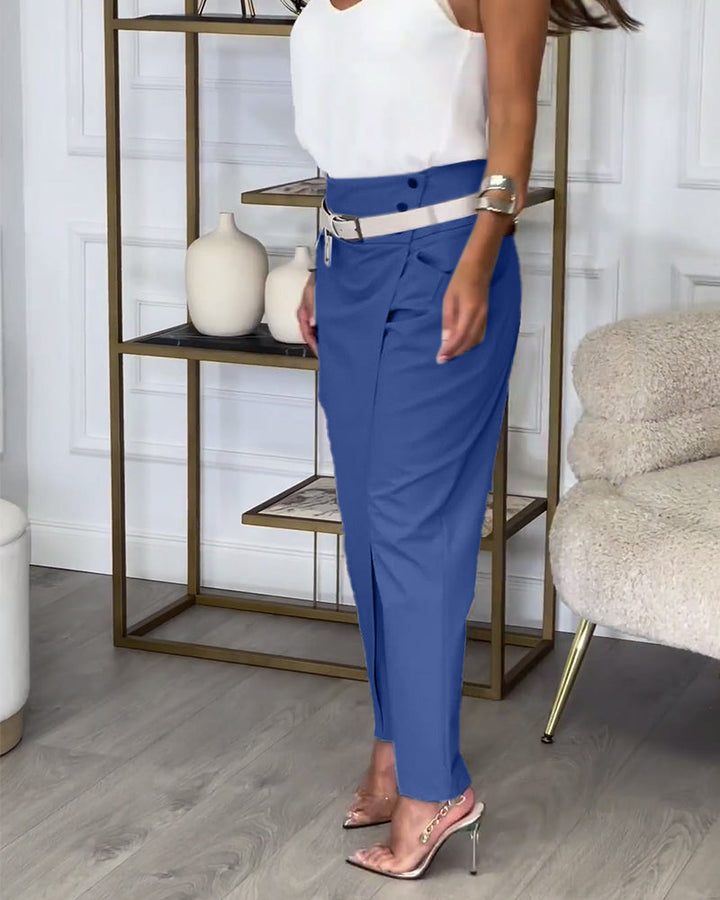 Pantalon patchwork irrégulier à poches de couleur unie à la mode