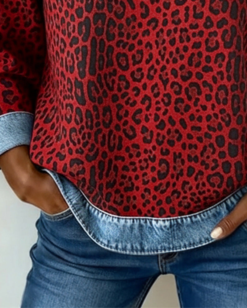 Sweat Imprimé Léopard Denim Patchwork