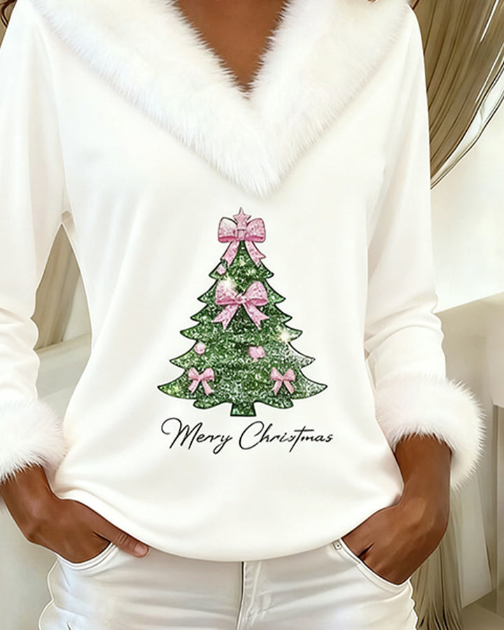 Top Grand Col Fourrure Imprimé Noël