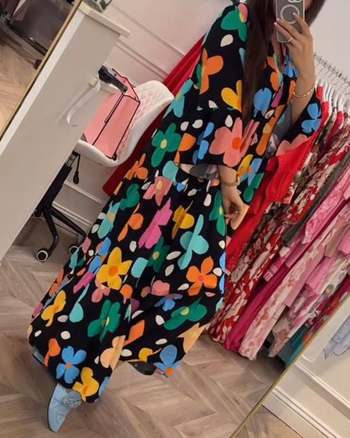Robe décontractée à manches cloche et imprimé floral coloré