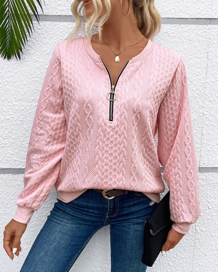 Sweat-shirt décontracté à manches longues et fermeture éclair de couleur unie