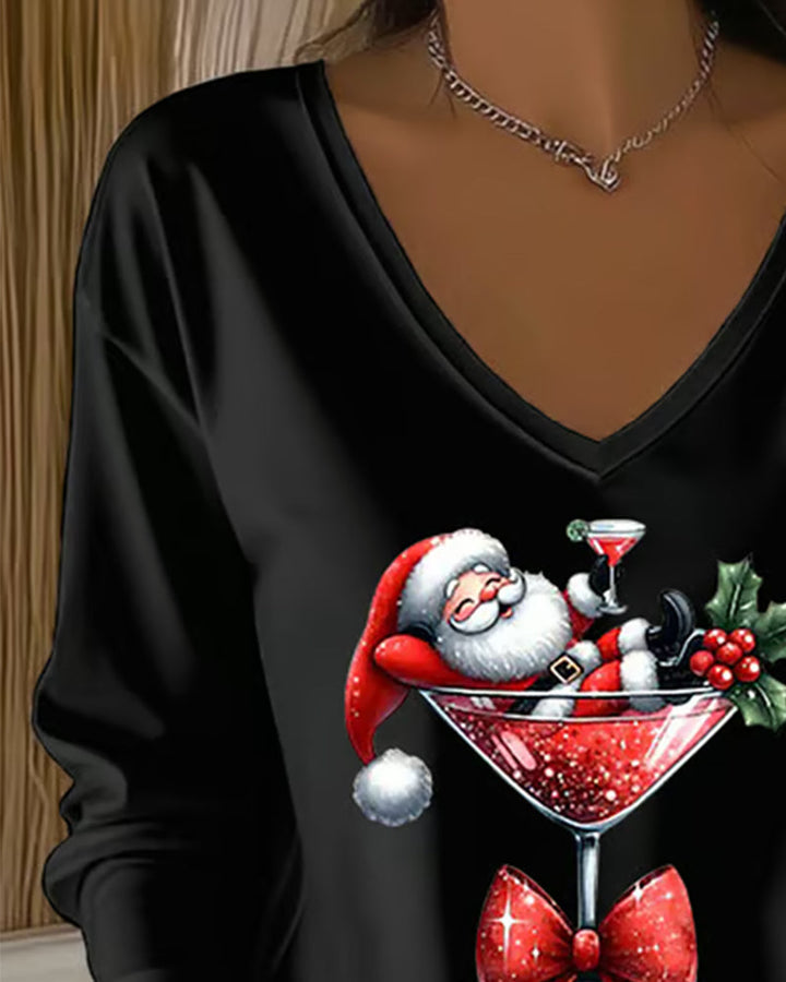 Haut Ample À Col En V Avec Imprimé De Verre De Vin De Noël