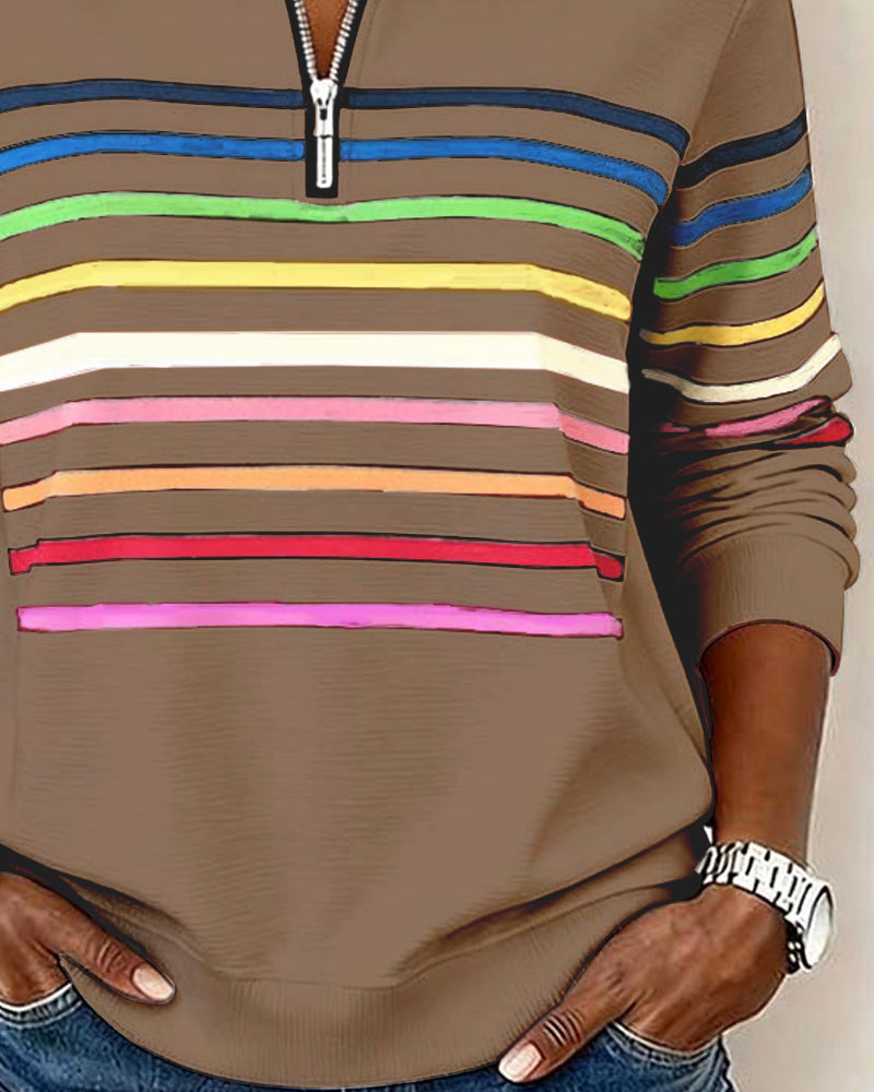Sweat À Col Zippé À Moitié Avec Rayures Arc-En-Ciel Tendance
