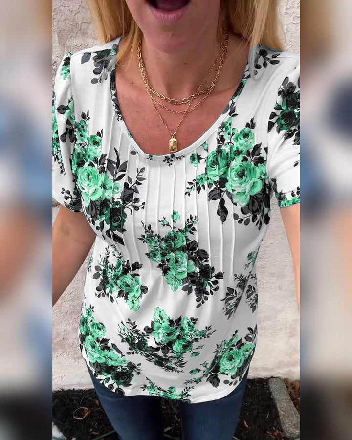 T-Shirt À Col Rond Imprimé Floral Plissé