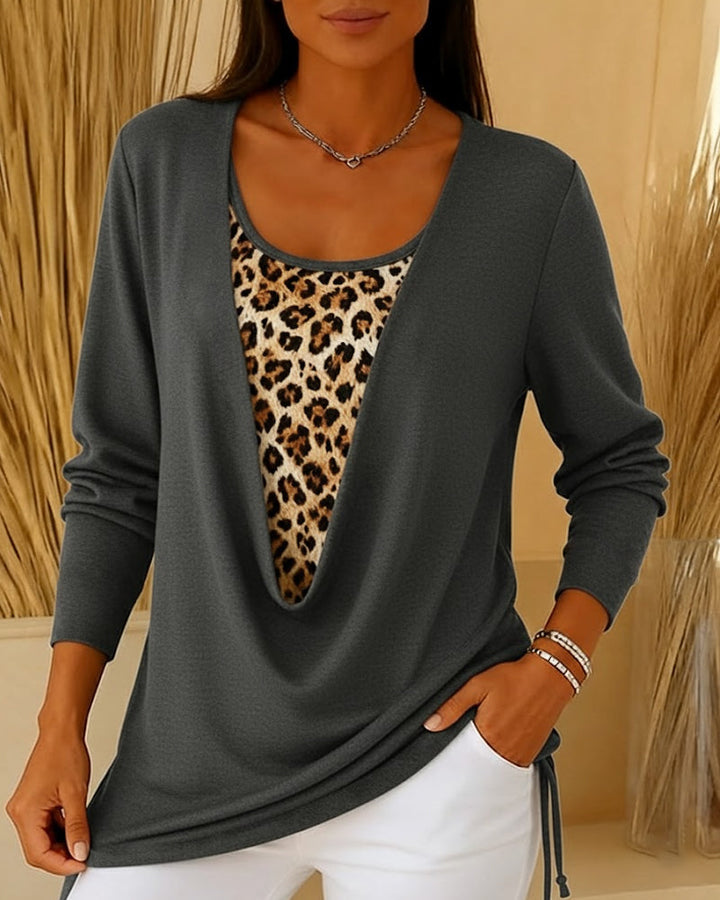 T-shirt faux deux pièces à lacets imprimé léopard