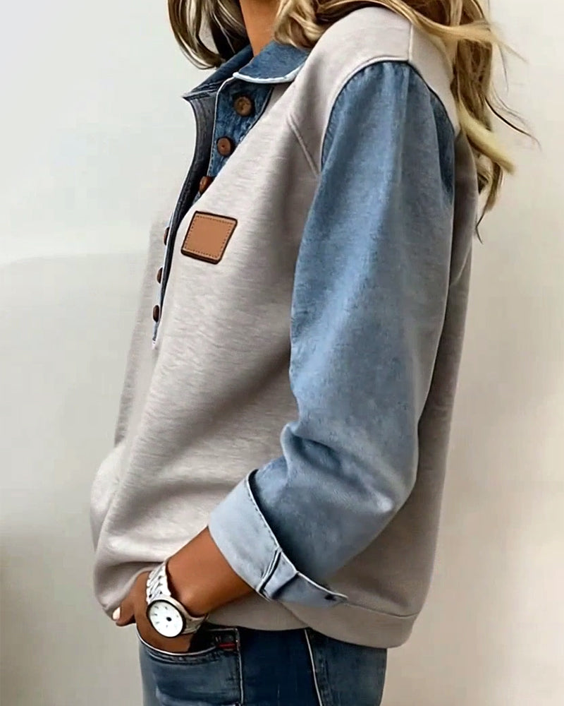 Sweat-shirt élégant en patchwork de denim à manches longues