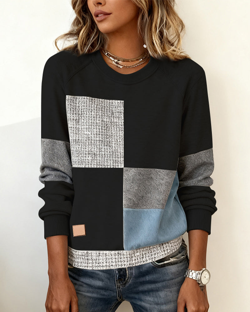 Sweat-Shirt Col Rond Couleur Contrastée Décontracté