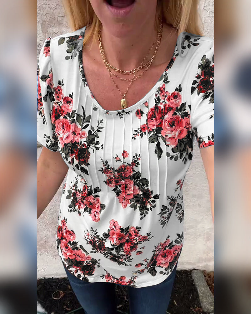 T-Shirt À Col Rond Imprimé Floral Plissé