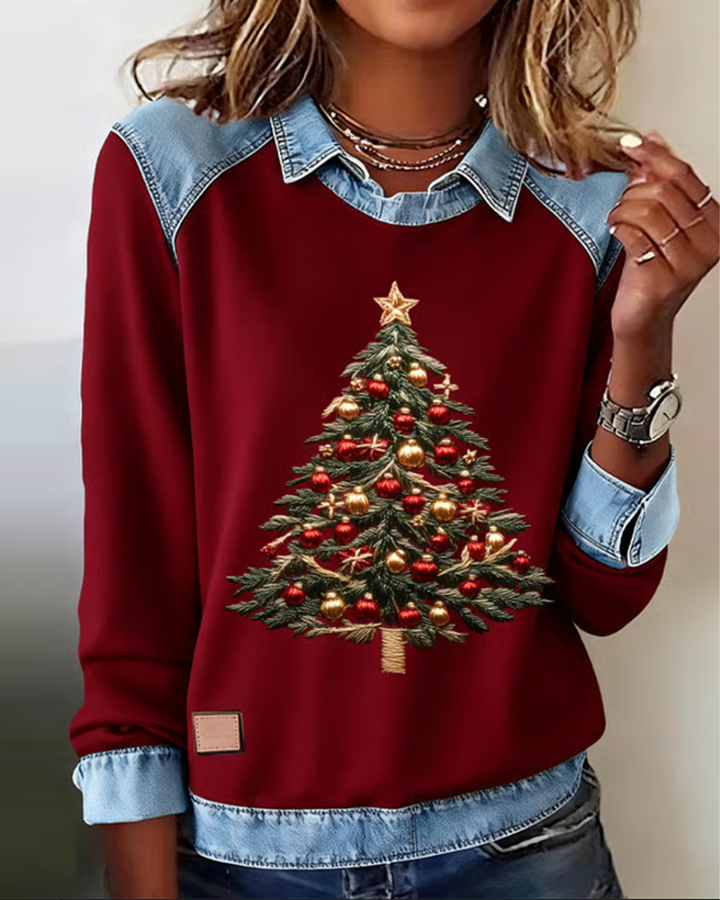 Sweat En Jean Avec Détails Patchwork Et Imprimé De Noël