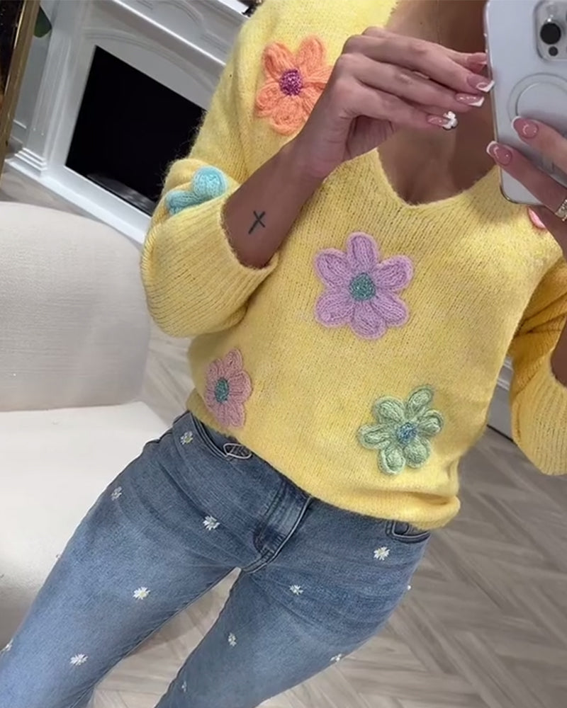 Pull Manches Longues Fleuri Col En V