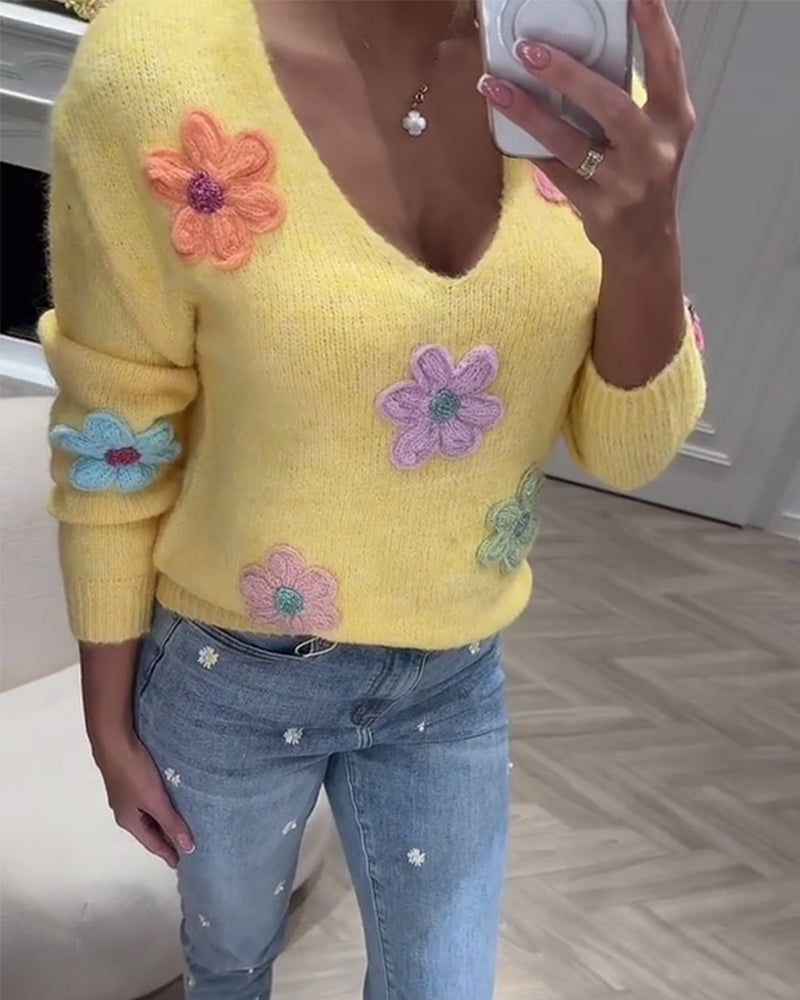 Pull Manches Longues Fleuri Col En V