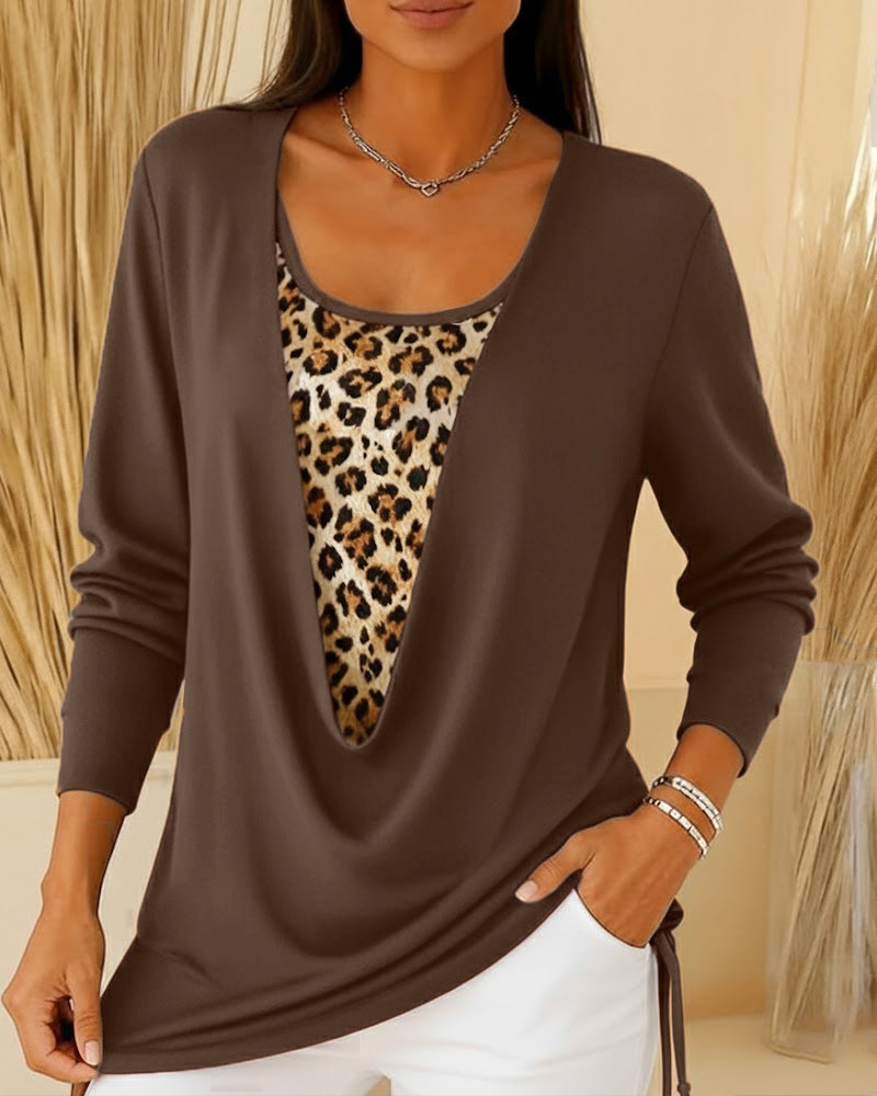 T-shirt faux deux pièces à lacets imprimé léopard