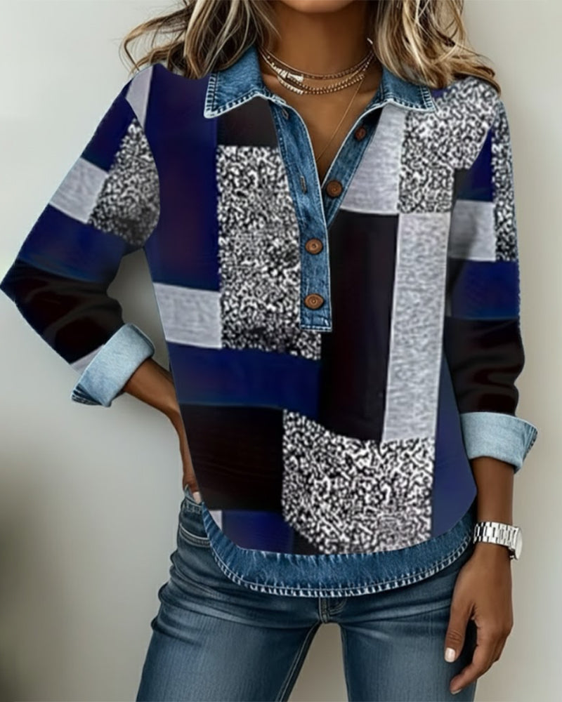 Sweat-Shirt Jean Patchwork Imprimé Décontracté