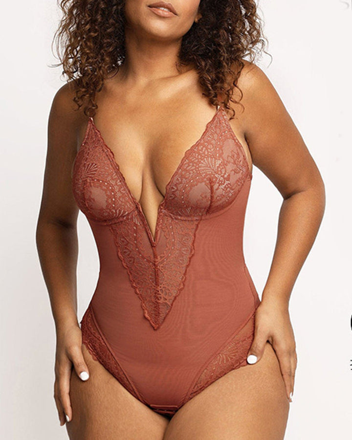 Bodysuit Décolleté Profond En V Et Dentelle Gainante