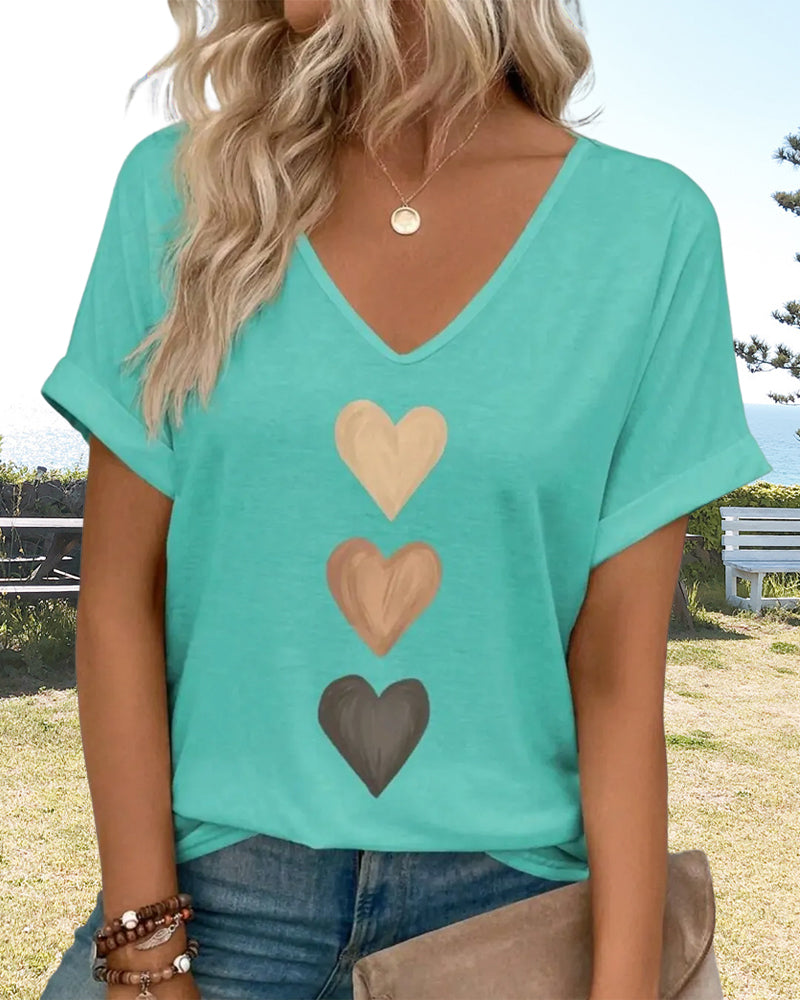 T-Shirt Col En V Imprimé Cœur