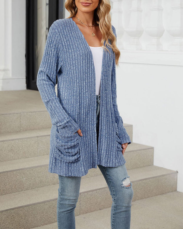 Cardigan décontracté à manches longues et poches de couleur unie