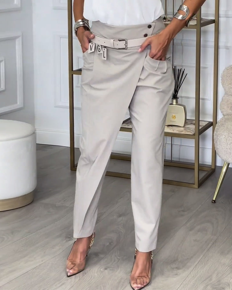 Pantalon patchwork irrégulier à poches de couleur unie à la mode