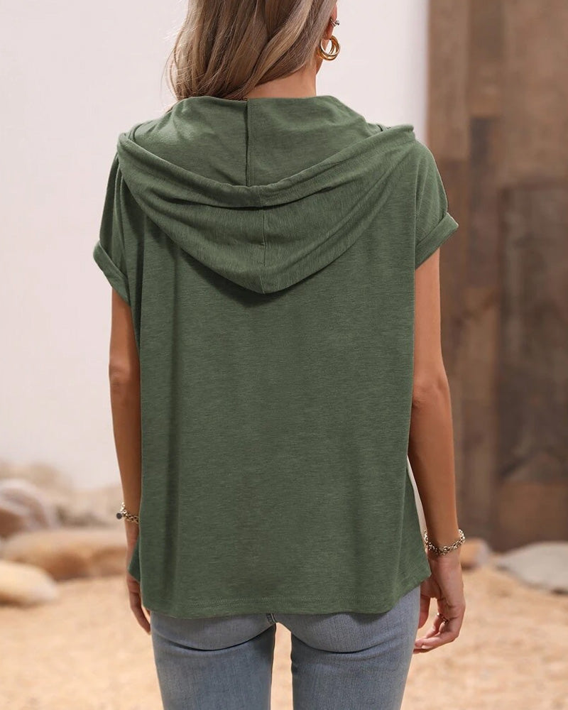 T-shirt Casual avec Capuche, Cordon de Serrage et Manches Courtes