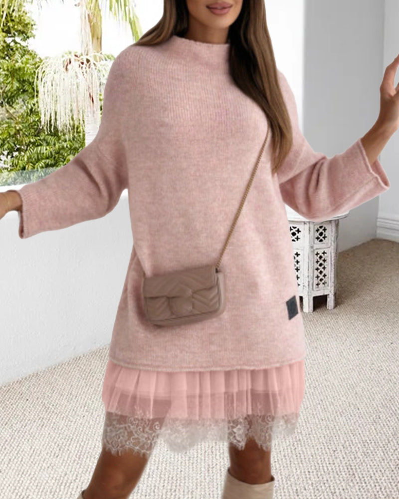 Ensemble robe pull col montant en maille décontractée de couleur unie
