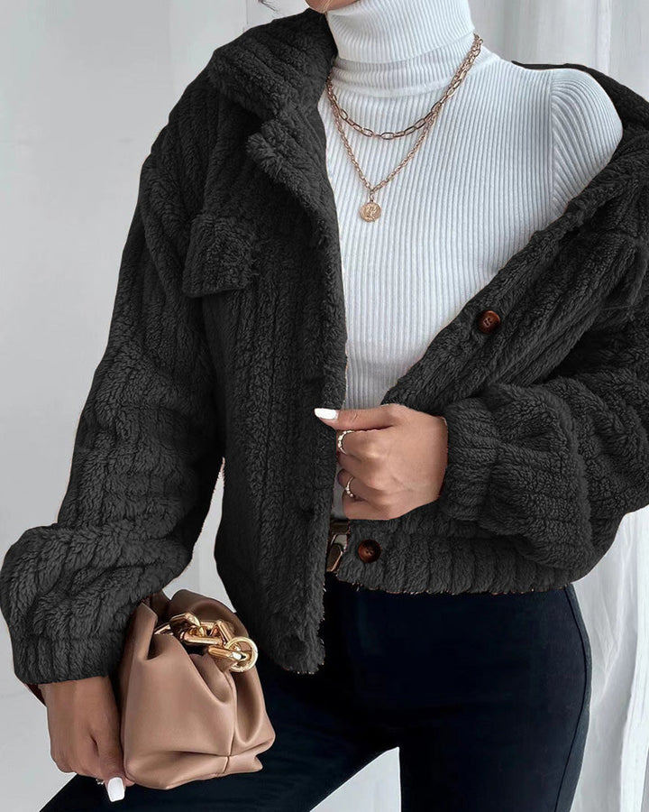 Manteau épais décontracté de couleur unie avec revers boutonné et manches longues