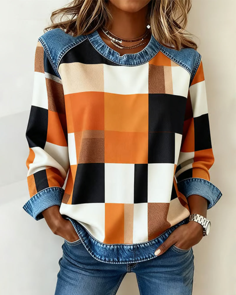 Sweat À Motif Patchwork À Carreaux Et Couleur Contrastée