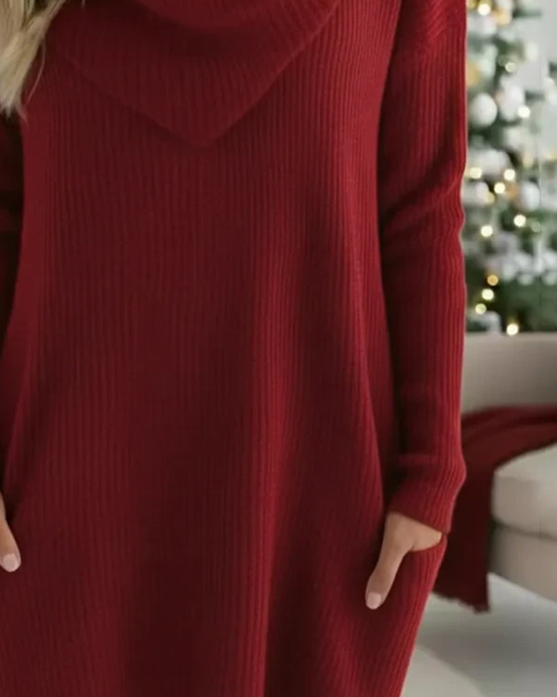 Robe-Chandail Unie À Col Roulé Et Poche