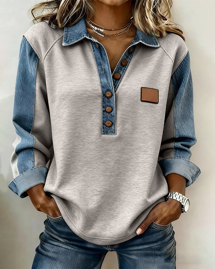 Sweat-shirt élégant en patchwork de denim à manches longues