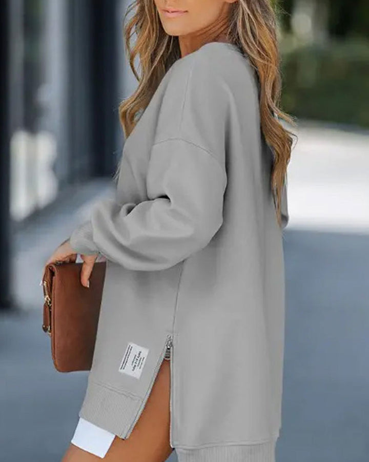 Robe Décontractée En Sweat À Manches Longues Avec Fermeture Éclair Et Fente